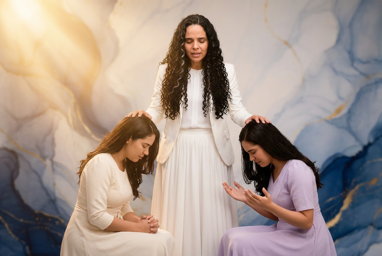 Pastora Evelyn Edwards orando e imponiendo manos sobre dos mujeres